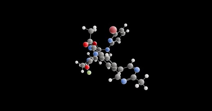 Danicopan molecule, rotating 3D model of complement factor d inhibitor, looped video on a black background
