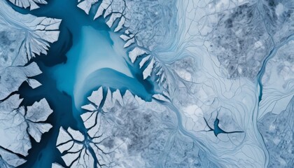 Aerial View of Ice and Water Formations in a Glacial Landscape with Stunning Blue Tones and Intricate Patterns