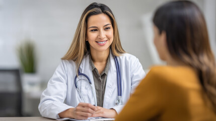 A friendly female doctor wea a stethoscope discusses health concerns with a patient in her bright office du a routine checkup offe a warm smile.