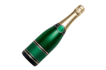 Green and gold champagne bottle with elegant detailing, perfect for celebrations and special occasions. bottle is tilted, showcasing its luxurious design and festive appeal