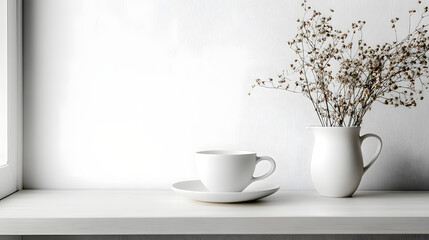 Fototapeta premium Minimalist coffee setup with dried flowers on pure white background home decor still life photography