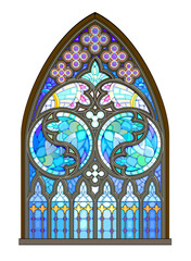 Drawing of beautiful fantasy stained glass gothic window. Gothic architecture in Western Europe. French culture in Middle ages. Architecture in France churches. Hand drawn vector illustration.