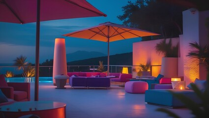 Fototapeta premium recreation area, lounge area, hotel at night, beach at night, restaurant at night