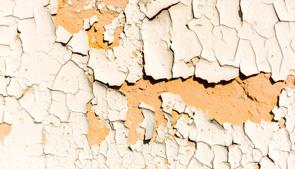 Cracked Paint Texture: A detailed close-up shot revealing the intricate network of cracks in aged, peeling paint, showcasing a blend of white and pale orange hues.