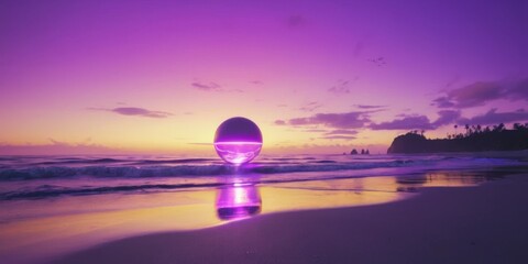 Enigmatic Purple Orb at Sunset over Serene Beach with Gentle Waves and Vibrant Cloud Reflections