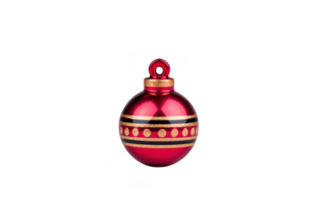 Shiny red Christmas ornament with gold and black stripes and polka dots, perfect for festive decoration