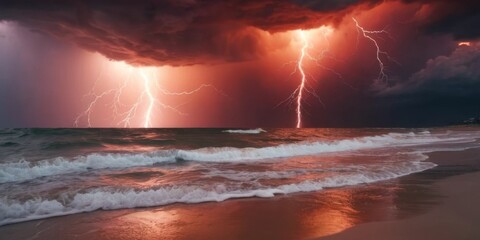 Dramatic Stormy Seascape with Lightning Strikes Illuminating Dark Clouds at Dusk Over Ocean Waves