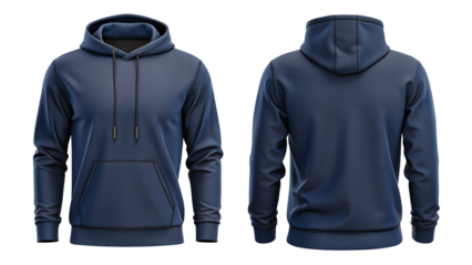 A navy blue hooded sweatshirt shown from the front and back on a black background for presentation