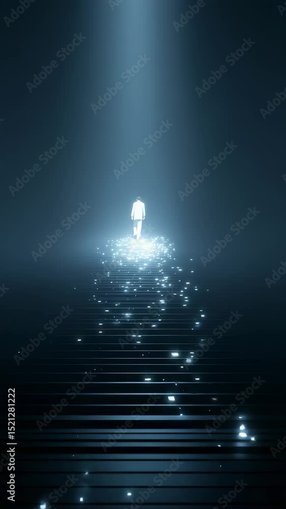Poster mysterious figure walking towards light in dark environment with sparkling effect and staircase