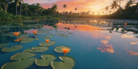 Serene Sunset Over Tranquil Pond with Water Lilies and Palm Trees in a Tropical Paradise