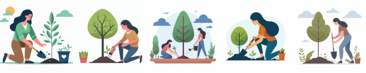 vector woman planting tree