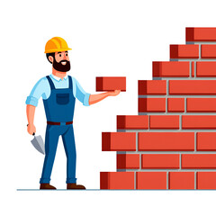 Construction Worker Building Brick Wall – Masonry, Labor, and Construction Concept Illustration