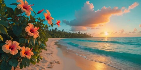 Serene Beach Sunset with Hibiscus Flowers, Tranquil Waves and Lush Tropical Landscape at Dawn