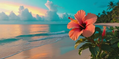 Vibrant Hibiscus Flower on Beach at Sunset with Calm Waves and Lush Tropical Background