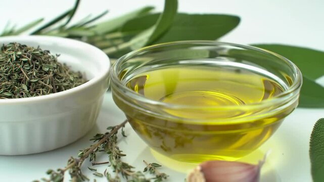 Close-up of olive oil and herbs with garlic on white surface, orbiting camera, soft natural light, photorealistic
