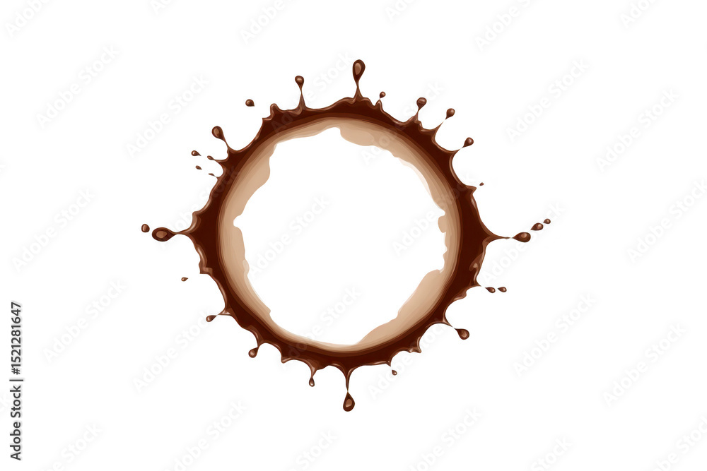 Poster circular coffee stain with splatters surrounds blank center, resembling splash of liquid. brown tone