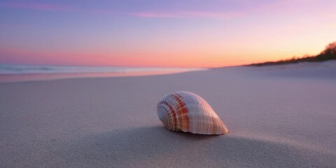 Serene Beach Scene at Sunset with a Beautiful Shell Laying on Soft Sandy Shoreline Under Colorful Sky