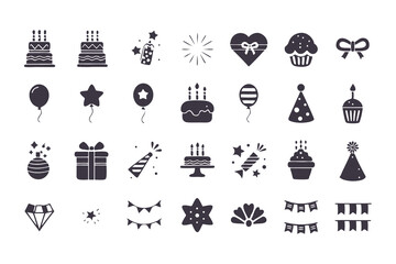 Birthday and Celebration Icon Set. Black Silhouette Grid of Cakes, Gifts, Balloons, Fireworks, Hats, Candles, and More for Party Designs. Vector Illustration