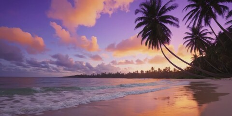 Serene Twilight at Tropical Beach with Palm Trees and Colorful Sunset Reflections Over Calm Ocean Waves and Sandy Shoreline