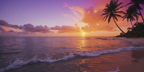 Serene Sunset Over Tropical Beach with Waves and Palm Trees Backlit by Vibrant Sky in Pastel Colors