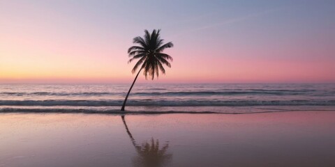 Serene Sunset View with Lone Palm Tree Reflecting on Tranquil Ocean Waves at Golden Hour by the Beach