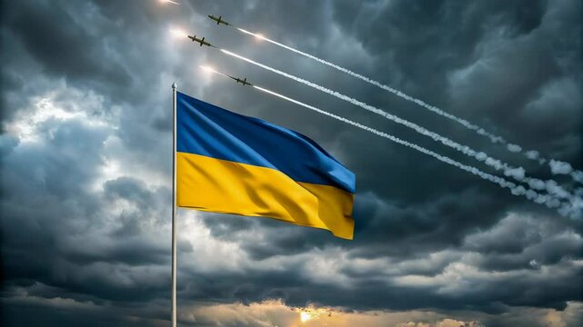 Ukrainian Flag Waves Proudly Against a Stormy Sky as Missiles Fly Overhead Symbolizing Resilience and Defense
