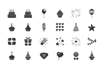 Birthday and Celebration Icon Set. Black Silhouette Grid of Cakes, Gifts, Balloons, Fireworks, Hats, Candles, and More for Party Designs. Vector Illustration