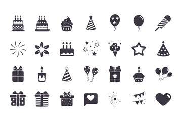 Birthday and Celebration Icon Set. Black Silhouette Grid of Cakes, Gifts, Balloons, Fireworks, Hats, Candles, and More for Party Designs. Vector Illustration