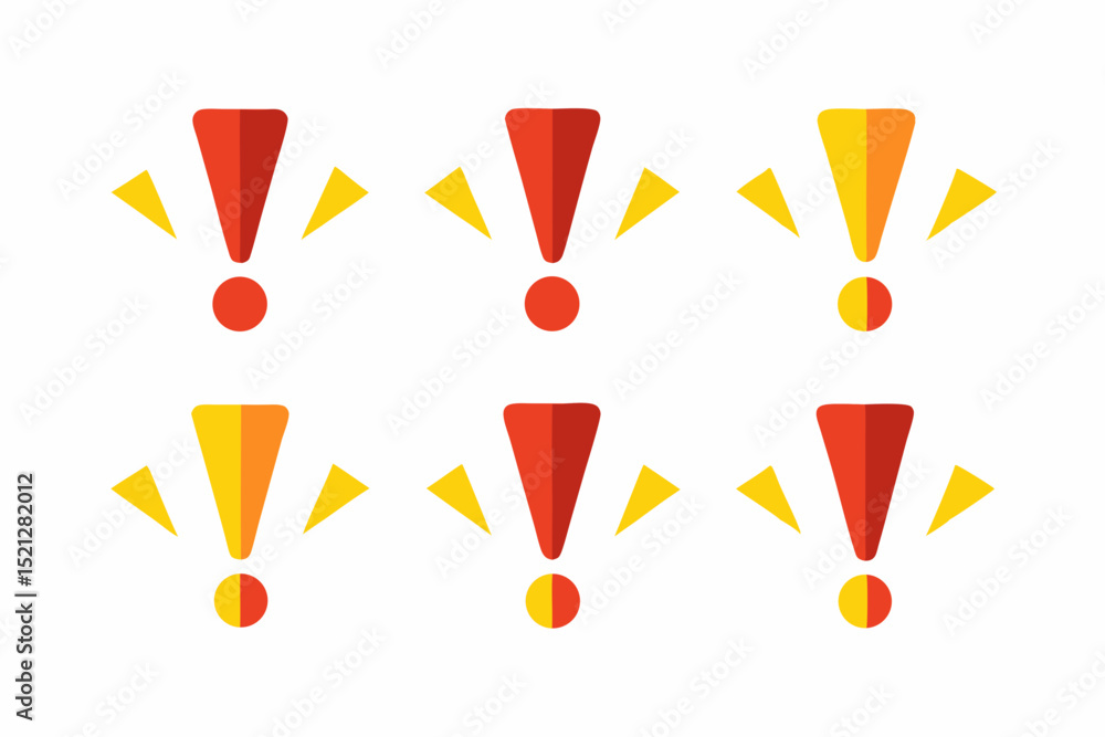 Poster set of exclamation mark icons with variations six exclamation mark icons red and yellow radiating tr