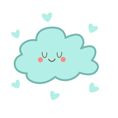 Happy blue cloud in kawaii cartoon style with heart elements.
 Ideal for joyful nursery decor, pastel wallpapers, and cute graphics.