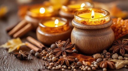 Warm and Cozy Fall Home Decor with Scented Candles, Spices, and Autumn Leaves