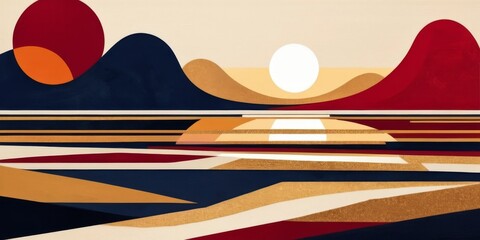 Abstract landscape with geometric shapes and vibrant colors representing a sunset over hills and water in a modern art style