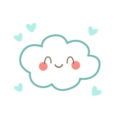 Smiling blue cloud with hearts and cheeks in flat vector.
 Great for children’s room decor, digital stickers, and playful art.