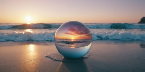 Crystal ball reflecting serene sunset over waves at a tranquil beach, capturing nature's beauty and peaceful ambiance
