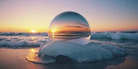 Crystal Sphere on Beach at Sunset Capturing Vibrant Sky and Ocean Reflection with Gentle Waves and Soft Light
