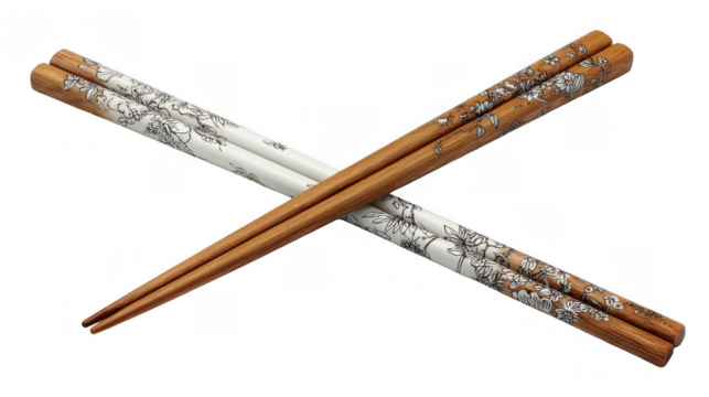 Two pairs of elegant chopsticks, one wooden and one white with floral decorations, are crossed against a transparent background, showcasing artistic craftsmanship and cultural significance - Powered by Adobe