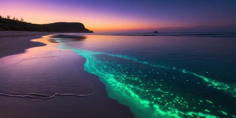 Tranquil Beach Scene at Dusk with Glowing Water and Serene Skyline Reflections in Soft Pastel Colors