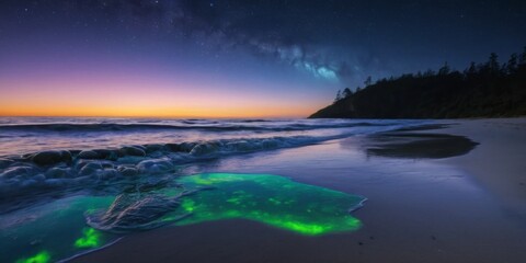 Mesmerizing Coastal Scene with Glowing Bioluminescence Under Starry Sky at Twilight on Serene Beach