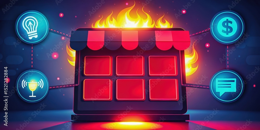 Poster hot deal 3d text concept. digital storefront with flames and icons representing business concepts.