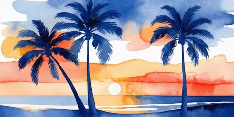 Serene Sunset Over Tranquil Ocean with Silhouette of Palm Trees in Vibrant Watercolor Style