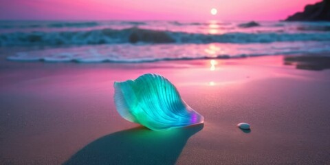 Colorful seashell on sandy beach during sunset near ocean waves in vibrant hues of pink and blue reflecting warm light