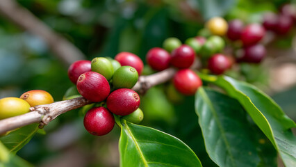 Close-up of ripe red and green coffee cherries on the branch, surrounded by lush green leaves. A shallow depth-of-field highlights the vibrant colors and natural freshness of the coffee plant.
