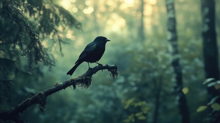 A bird sits on a branch in the forest. Generative Ai