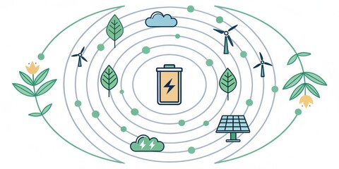 Energy storage is a key concept in modern energy systems. Conceptual illustration of renewable energy sources and a battery surrounded by nature.