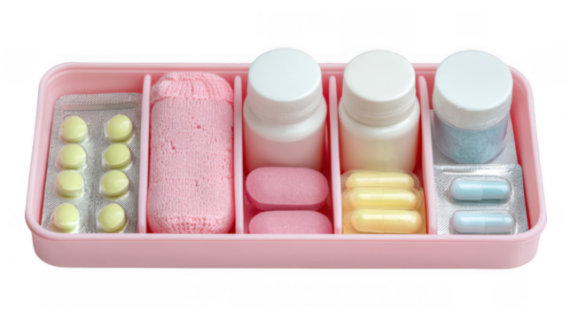 Pink postpartum wellness kit containing various medications, pills, lozenges, and a knitted item, neatly organized for easy access and transparent background