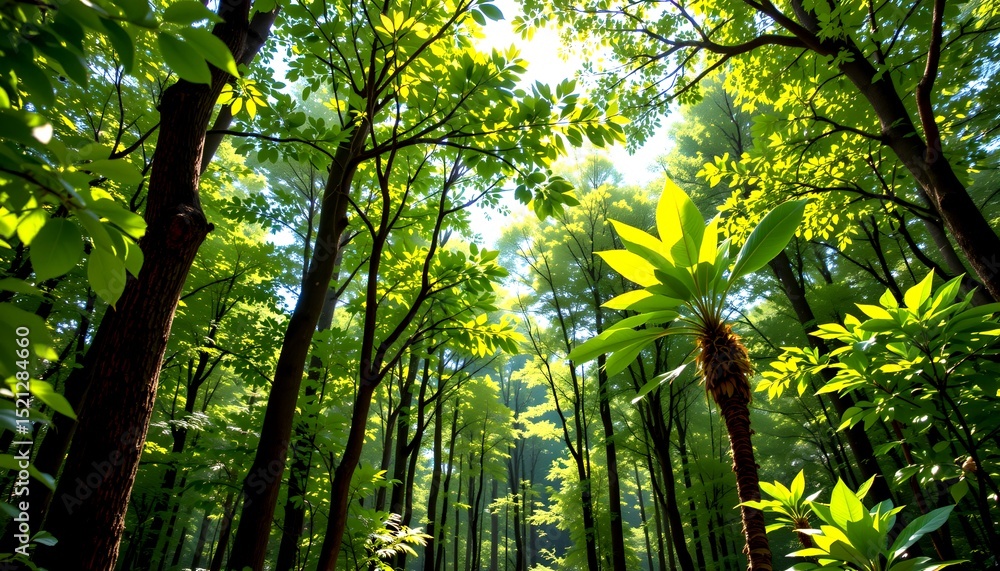 Poster lush green forest canopy bathed in soft light. tall trees reach up towards the sky, creating a dense