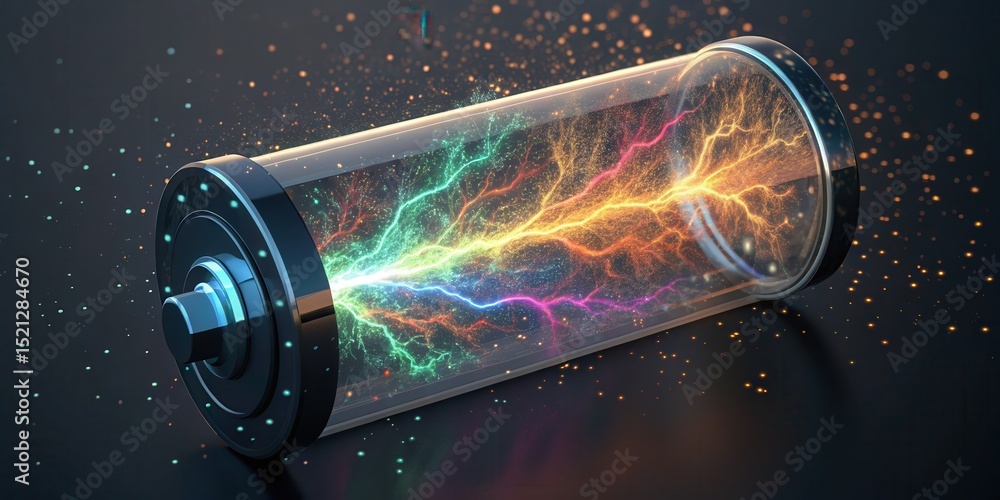 Poster Energy storage is a key concept in modern energy systems. Futuristic battery design with colorful energy sparks inside.