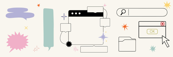 Retro UI Vector Elements – Hand Drawn Interface Icons with Speech Bubbles, Folders, Popups, Cursor and Stars