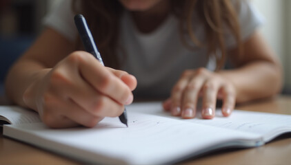 Close-up of a hand writing on a notebook, generative AI