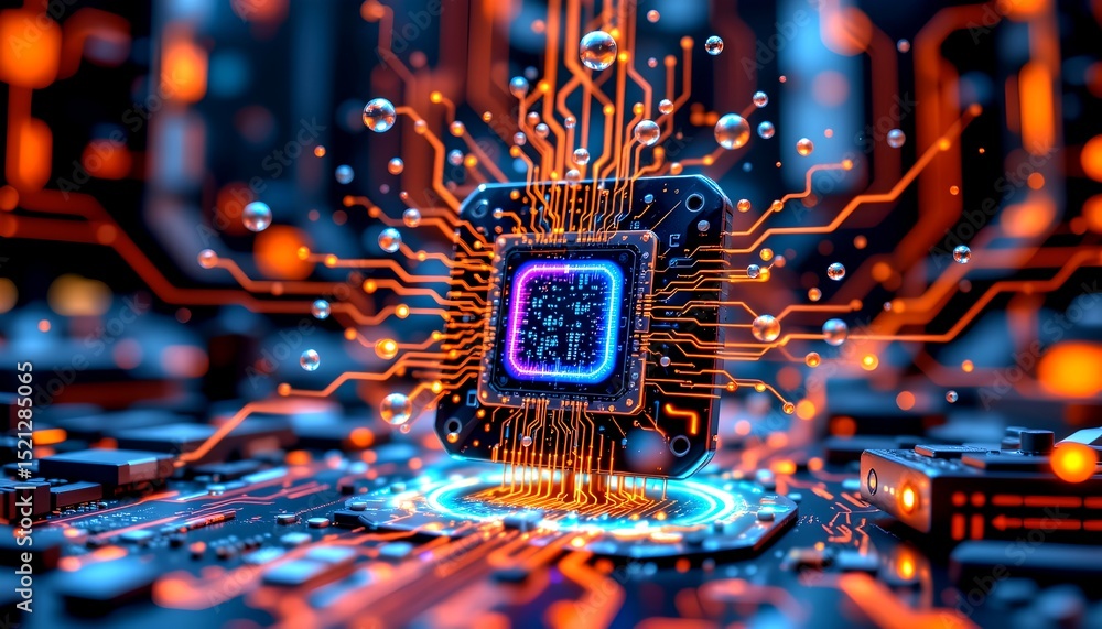 Aufkleber circuit board with neon glow, showcasing intricate network connections. The design features a complex web of pathways and nodes